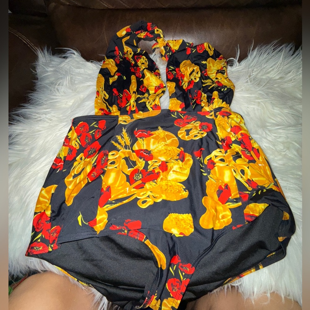 Floral Black and Yellow bathings suit One Piece